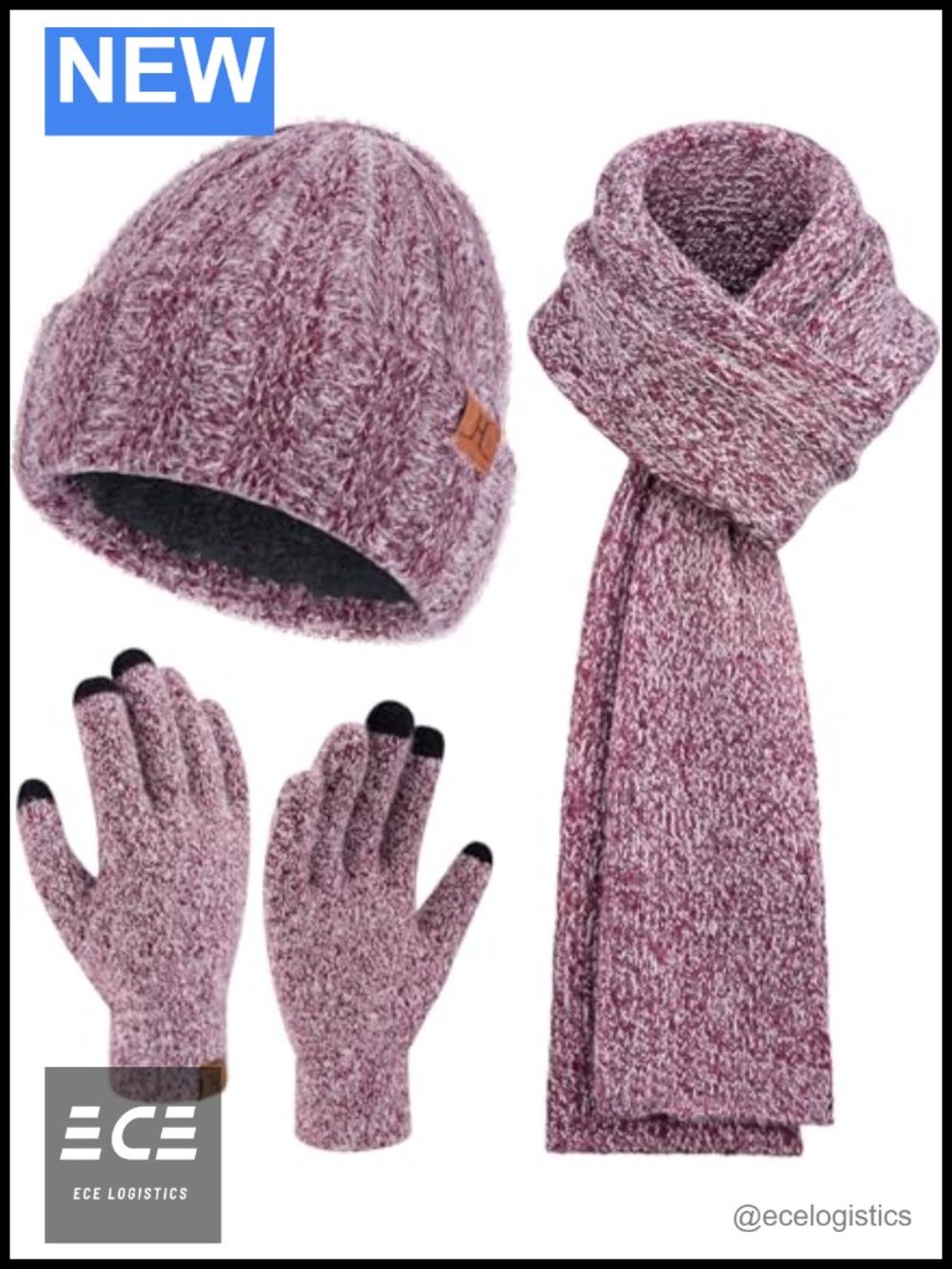 Women Winter Beanie Hat Scarf Touchscreen Gloves 3-Piece Acrylic Fleece Lined